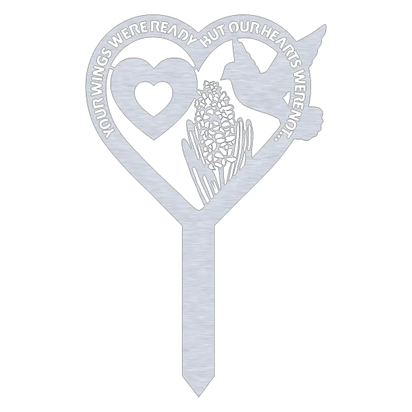 An aluminum grave marker with a heart-shaped top, featuring the phrase 'Your Wings Were Ready, But Our Hearts Were Not'. The design includes a heart outline, a detailed hummingbird, and floral engravings, all against a black background.